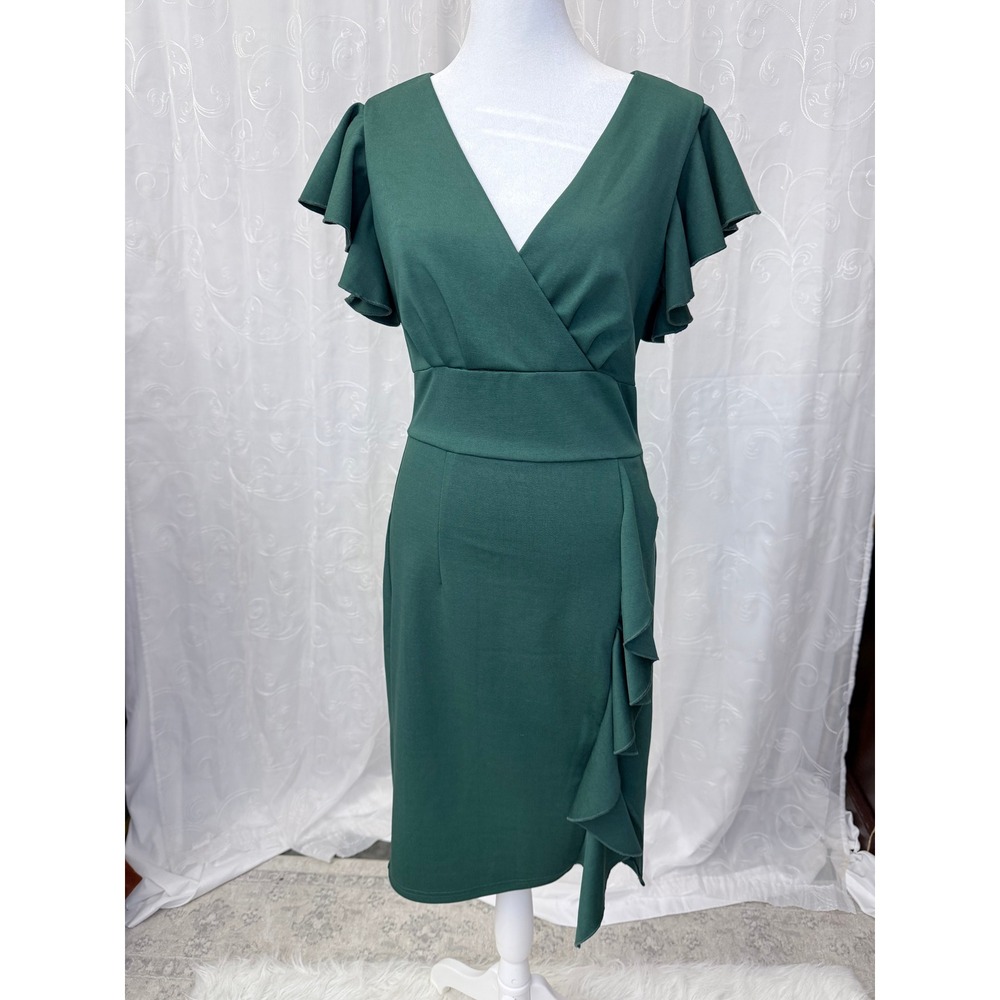 Jasambac Green Ruffle Flutter Sleeve V-Neck Wrap Cocktail Sheath Dress Small NWT